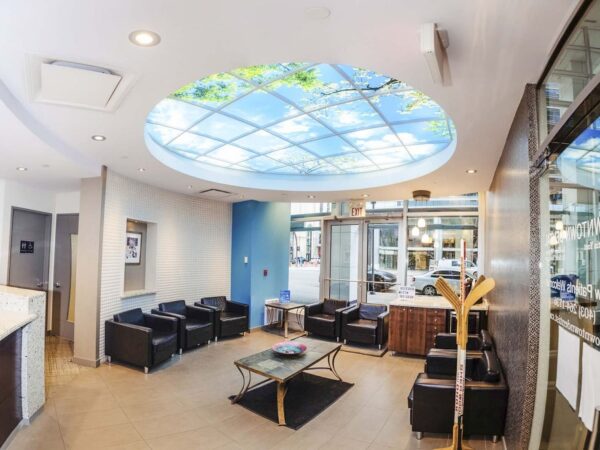 A modern waiting area featuring black leather seating, a coffee table, and a skylight design that simulates a bright blue sky with green tree leaves. The space has contemporary decor and large windows allowing natural light to enter.