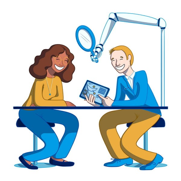 A friendly dental consultation scene featuring a smiling woman and a dentist engaged in conversation over a tablet. They sit at a table, with dental tools and equipment visible in the background, suggesting a warm and welcoming environment for dental care.