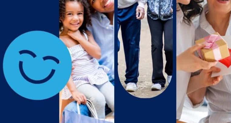 The image features the cheerful 123Dentist Smiley alongside vibrant scenes of families enjoying time together, including a young girl with her parent, couples walking, and a person receiving a gift. The overall theme emphasizes joy, connection, and community.