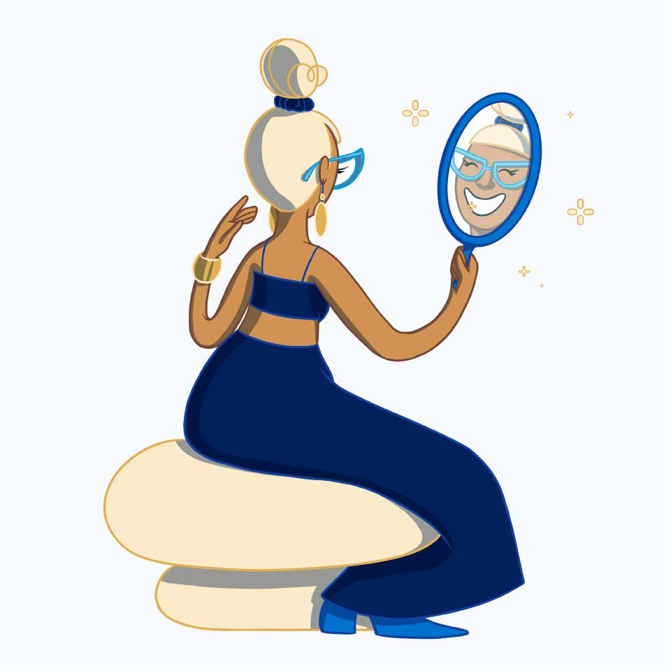 A woman with a stylish outfit and glasses admires her reflection in a circular mirror, revealing the cheerful 123Dentist Smiley. She sits comfortably on a rounded seat, exuding confidence and joy.