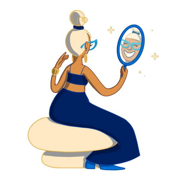 A stylish woman with glasses admires her reflection in a circular mirror while seated on a smooth stone. She wears a blue outfit and has platinum blonde hair. The 123Dentist Smiley character is visible in the mirror, adding a playful touch to the scene.