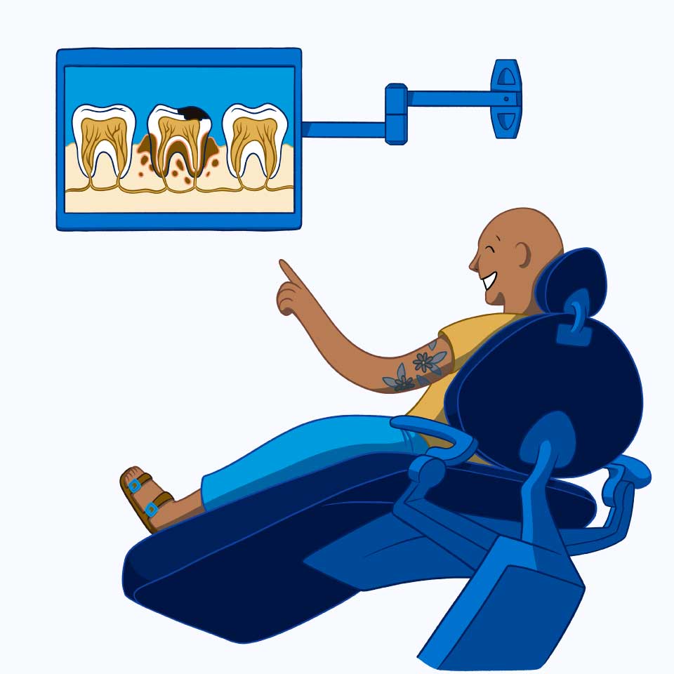 A person sits in a dental chair, smiling and pointing at a monitor displaying dental imagery. The scene conveys a friendly and relaxed atmosphere, featuring the cheerful 123Dentist Smiley in a blue design.