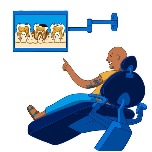 A smiling patient sits in a dental chair, pointing at a screen displaying dental teeth illustrations. The setting emphasizes a comfortable dental experience, showcasing modern dental care. The friendly 123Dentist Smiley adds a cheerful touch.