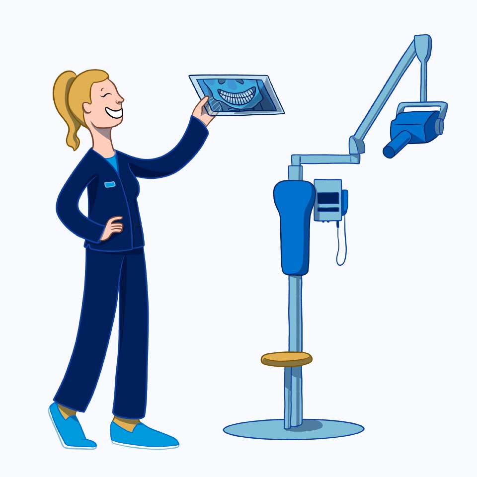 A cheerful dental professional holds up an X-ray image, showcasing a smile, while standing next to dental equipment. The friendly 123Dentist Smiley adds a playful touch to the scene, promoting a positive dental experience.