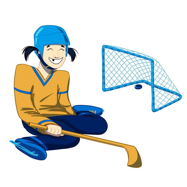 A cheerful child is playing hockey, sitting on the ice with a hockey stick, wearing a blue helmet and an orange jersey. Next to them is a small hockey goal with a puck in front.