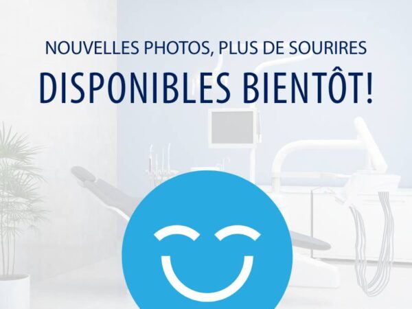 A bright dental office with modern equipment and a welcoming atmosphere. The text announces "New photos, more smiles available soon!" with a cheerful smiley face graphic, suggesting an upcoming update or promotion.