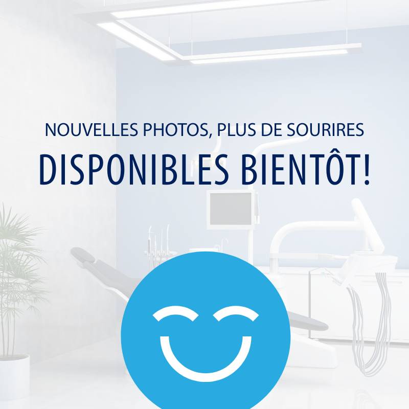 A bright dental office with modern equipment and a welcoming atmosphere. The text announces "New photos, more smiles available soon!" with a cheerful smiley face graphic, suggesting an upcoming update or promotion.
