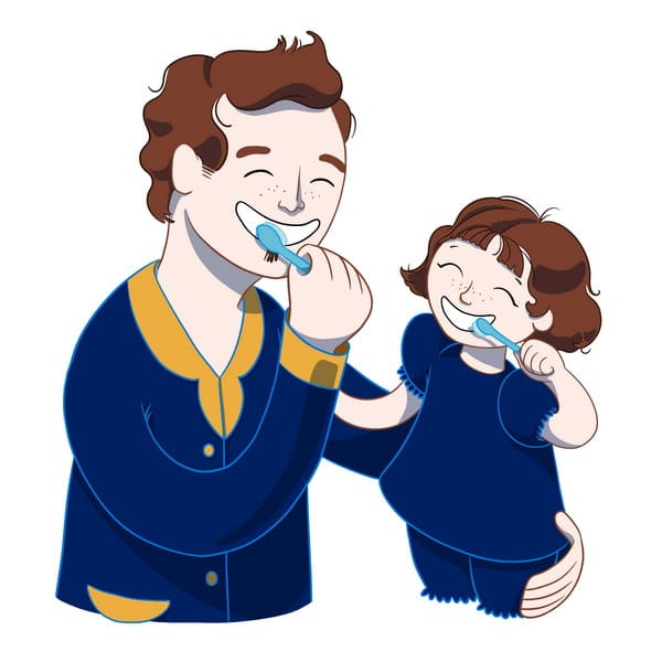 A smiling father and daughter brush their teeth together, promoting dental hygiene in a joyful family moment. The daughter is enjoying the activity, while the father shares in her excitement. The 123Dentist Smiley adds a cheerful touch to the scene.