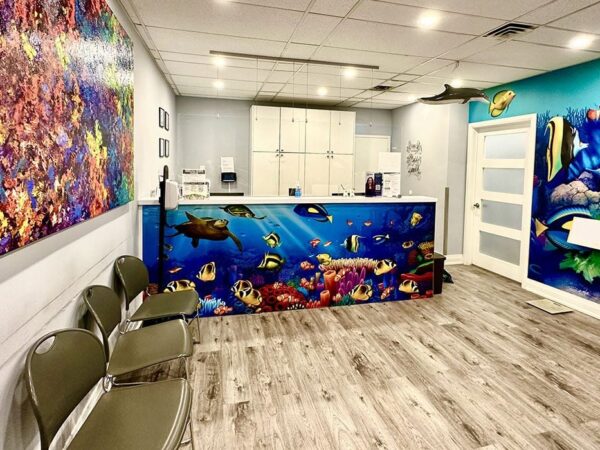 Colorful aquatic-themed waiting room with fish murals on the walls and front desk. The room has several metal chairs and features vibrant ocean decor, creating an underwater atmosphere.