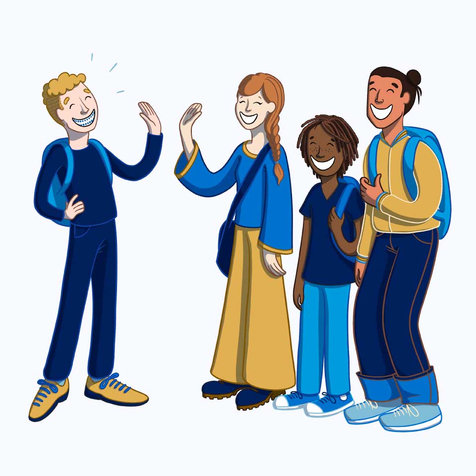 A group of four diverse, smiling characters interact cheerfully, with one waving to the others. The scene conveys a friendly and welcoming atmosphere, highlighting camaraderie and connection among friends. The 123Dentist Smiley adds a touch of positivity to the gathering.