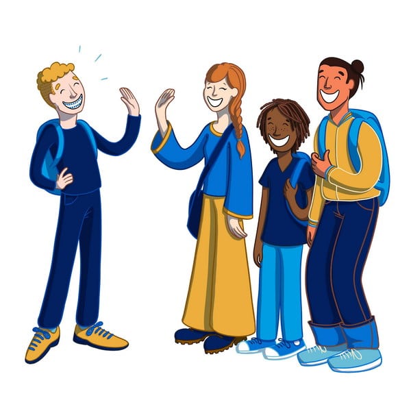 A friendly group of four diverse young people is interacting, with one person waving enthusiastically. The 123Dentist Smiley stands out, adding a cheerful touch to the scene.