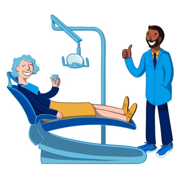 A cheerful dental scene featuring a smiling patient with curly blue hair relaxing in a dental chair, while a friendly dentist gives a thumbs up. Bright colors and a positive atmosphere convey a welcoming dental experience. The scene also includes the friendly 123Dentist Smiley.