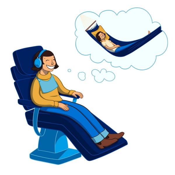 A relaxed person sits in a dental chair with headphones, smiling. Above their head, a thought bubble shows a peaceful scene of someone lounging. The 123Dentist Smiley is present, adding a friendly touch to the atmosphere.