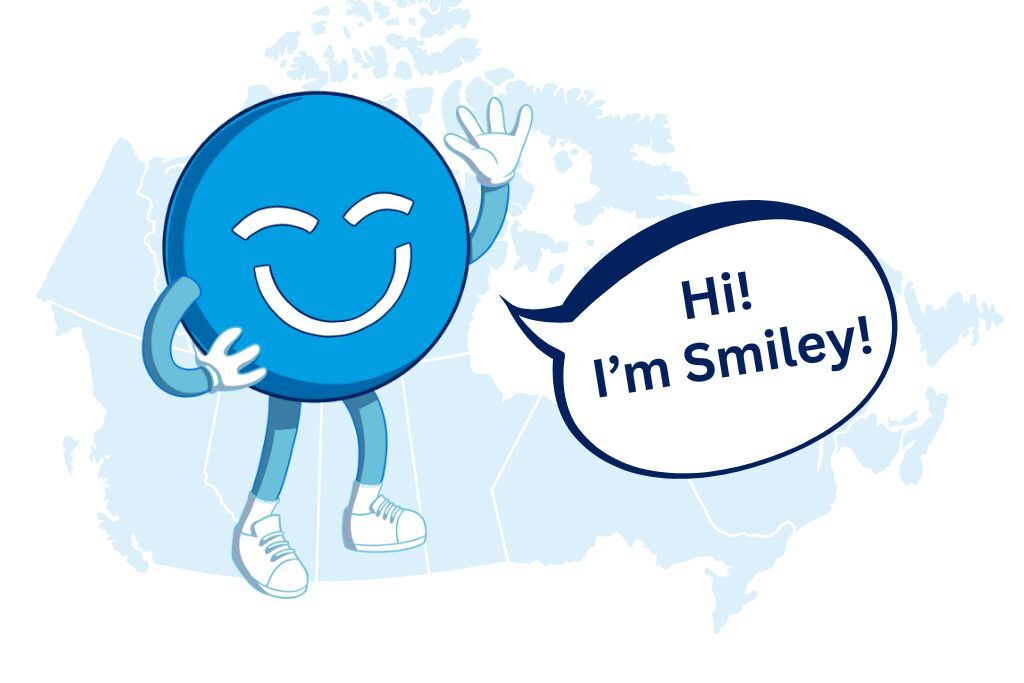 A friendly blue smiley face, known as the 123Dentist Smiley, waves and says, "Hi! I'm Smiley!" against a light map of Canada background.