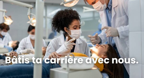 A dental professional examines a patient while another attends to them in a clinic. The text overlays encourage career development in dentistry.