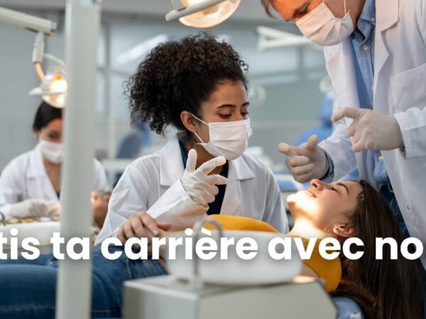 A dental professional examines a patient while another attends to them in a clinic. The text overlays encourage career development in dentistry.
